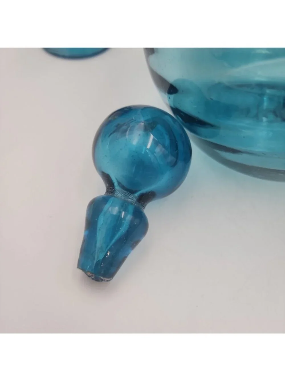 DECANTER SET Handblown Torquise Blue Glass 5 Stemmed Glasses 1970s